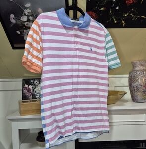 Striped Polo Shirt with Multicolor Sleeves